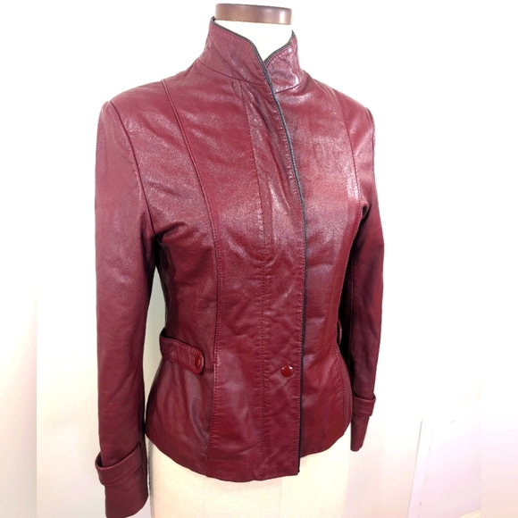 Vintage Jackets & Blazers - Vintage burgundy leather zip up jacket W straps at waist & cuffs. Medium